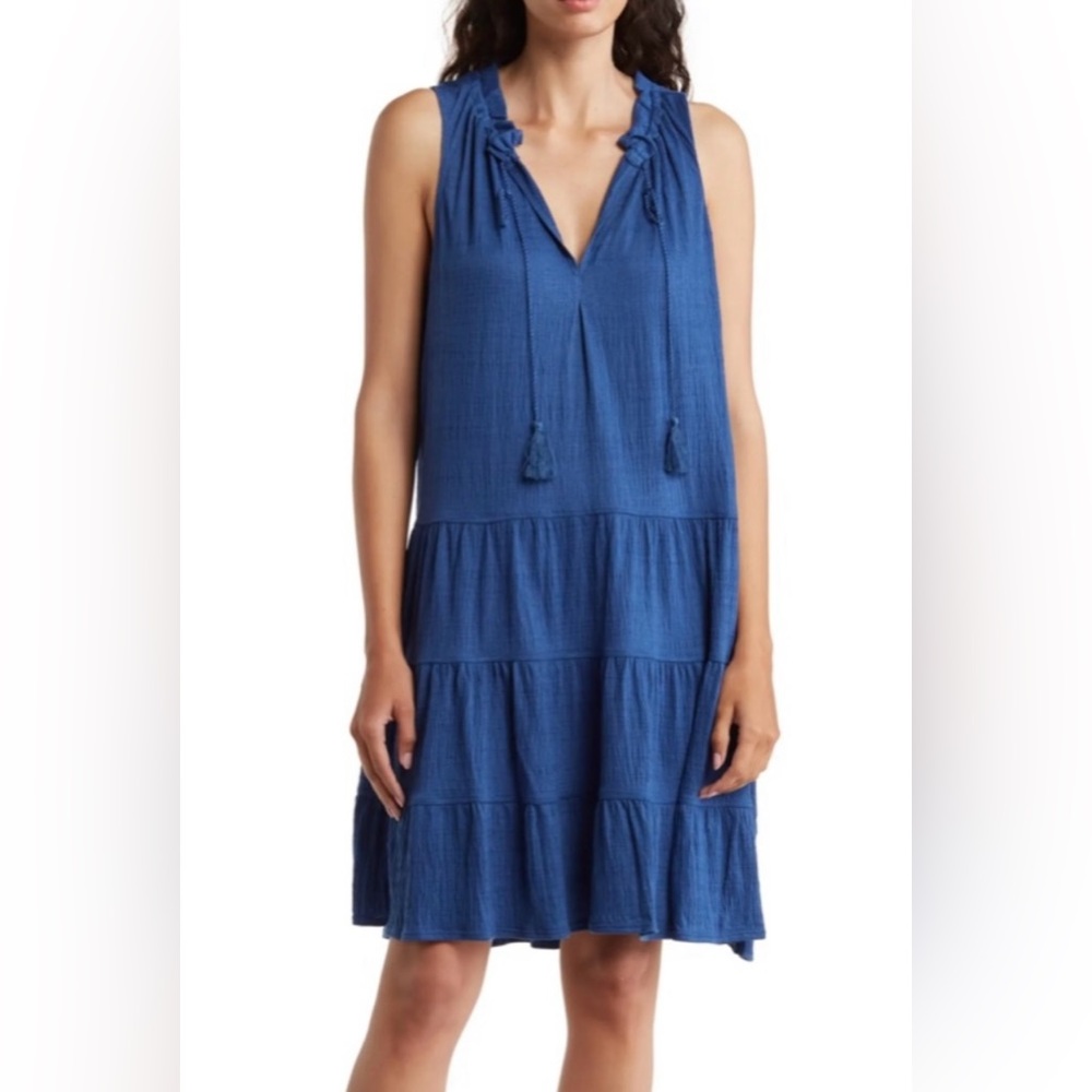 Max Studio Dress Jersey Blue Sleeveless Neck Tie Tiered Shirt Dress size M